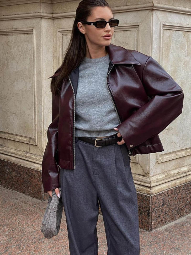 Damen Kunstlederjacke Weinrot Modern