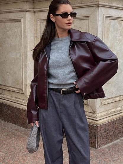 Damen Kunstlederjacke Weinrot Modern
