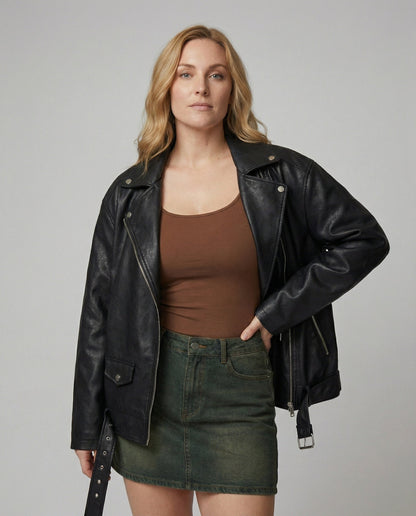 Damen Oversize Kunstlederjacke Schwarz Großes Modell - Norvielle