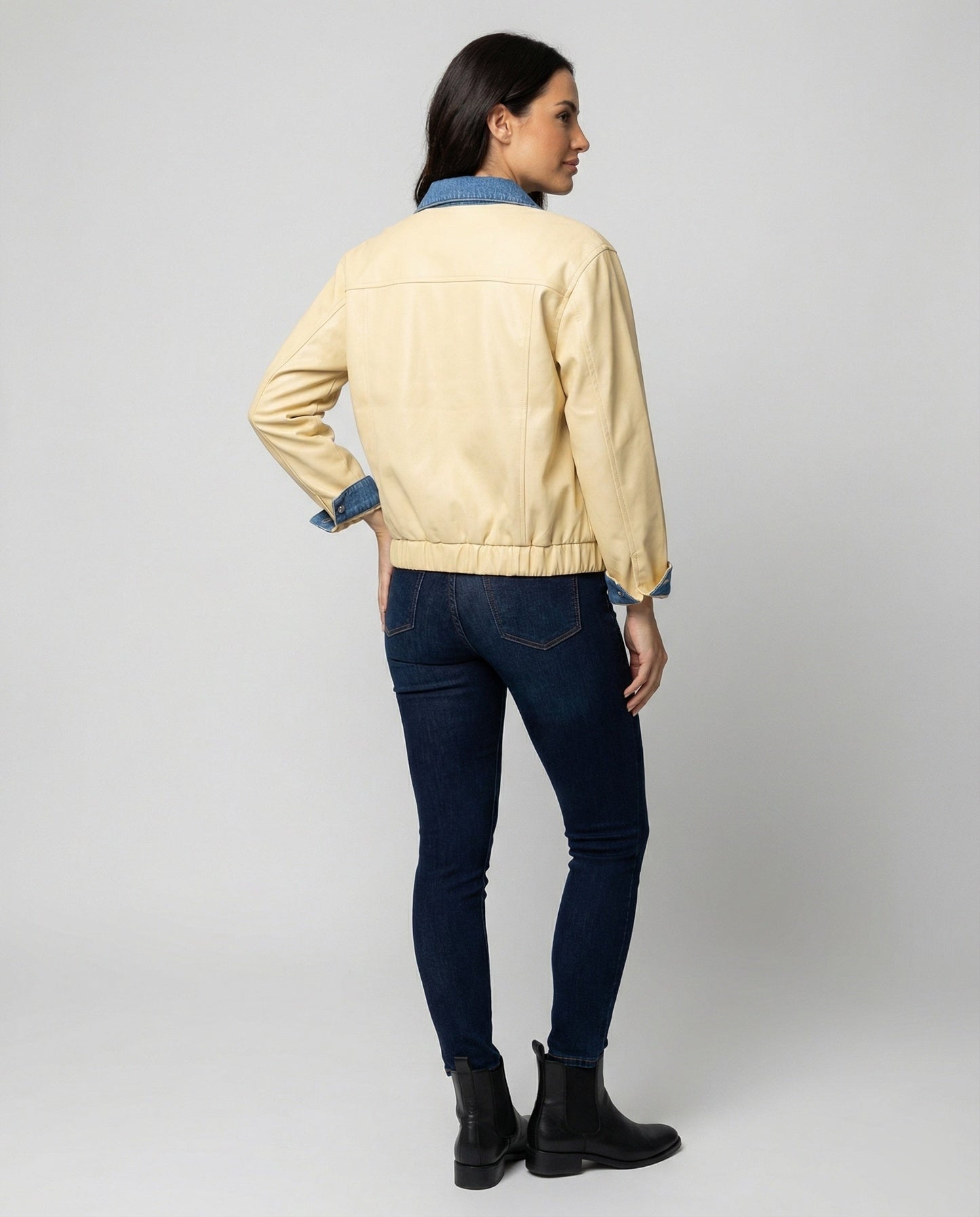 Damen Lederjacke Kurz Patchwork Reverskragen
