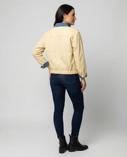 Damen Lederjacke Kurz Patchwork Reverskragen