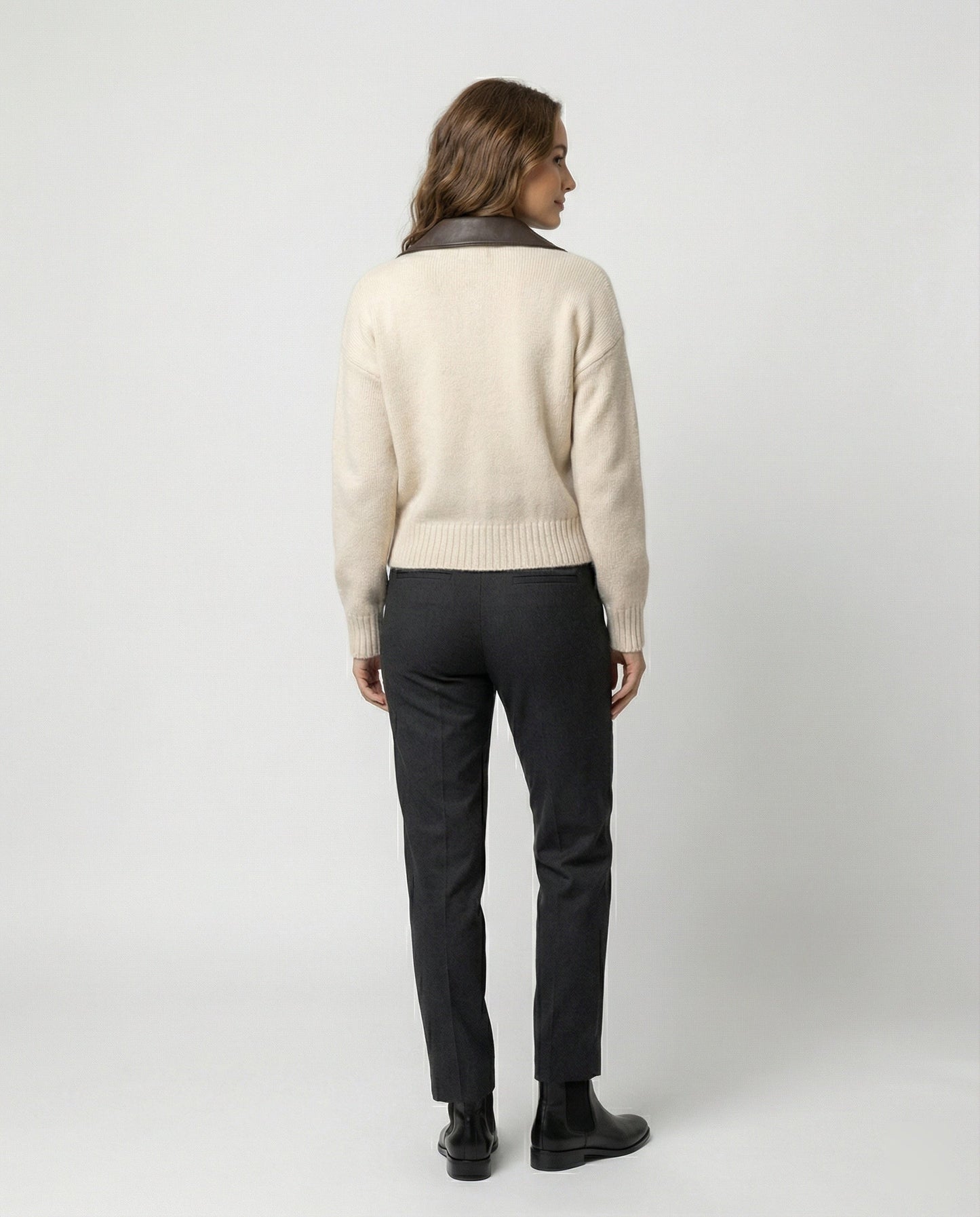 Damen Strickpullover Lederkragen Modern