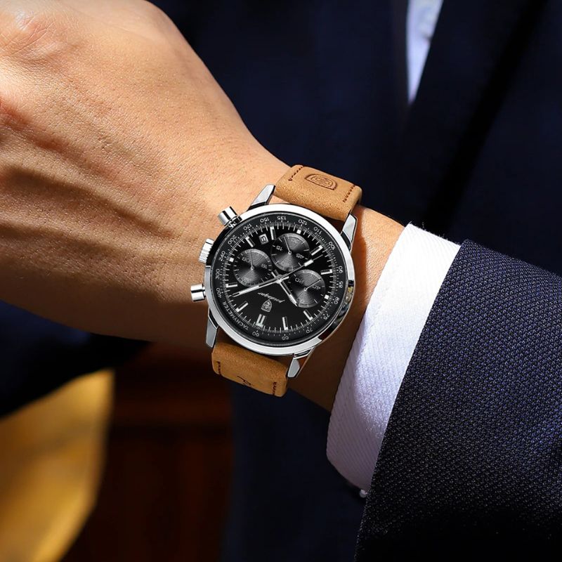 Herren Chronograph Armbanduhr Leder Automatik