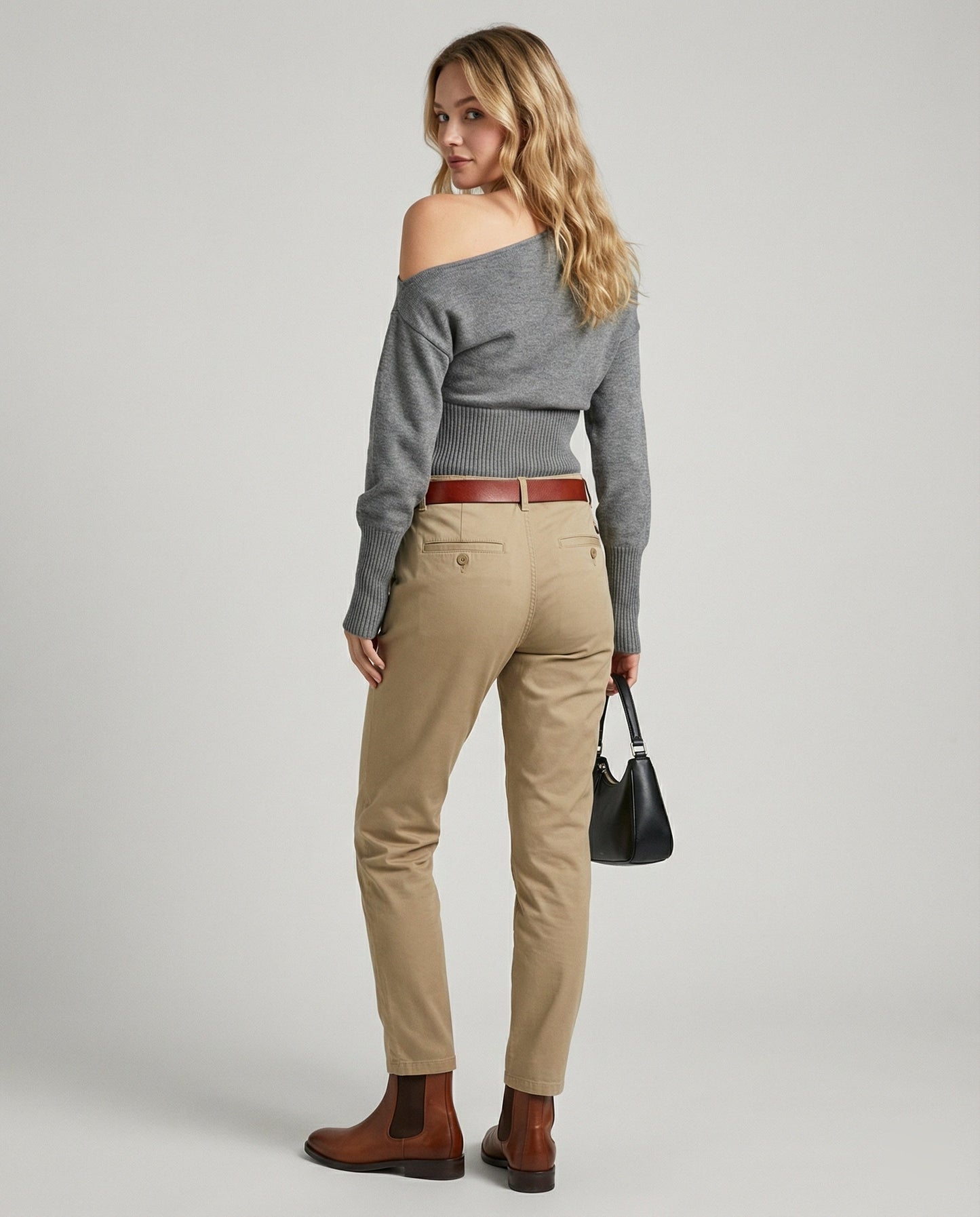 Damen Strickpullover Schräg Schulter Tailliert