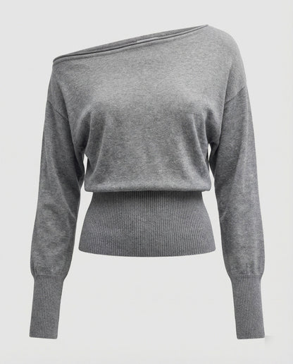 Damen Strickpullover Schräg Schulter Tailliert