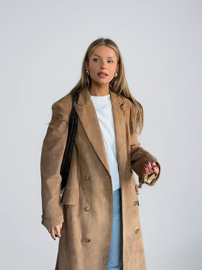 Eleganter Damen Trenchcoat Suededesign Schwarz - Norvielle