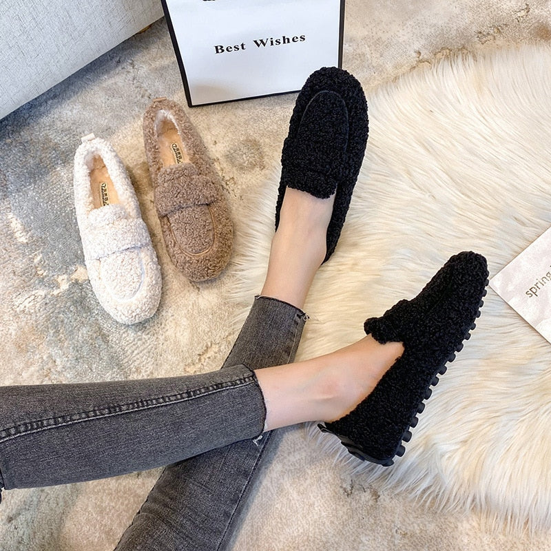 Damen Teddy Pelzslipper Warme Loafers