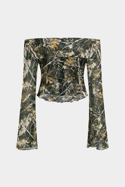 Damen Off-Shoulder- Camouflage Trompetenärmel - Norvielle