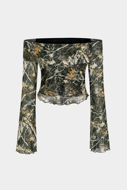 Damen Off-Shoulder- Camouflage Trompetenärmel