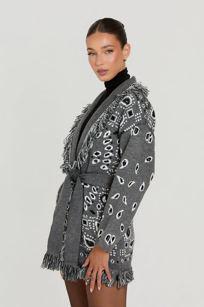 Damen Strickcardigan Warm mit Fransen und Muster