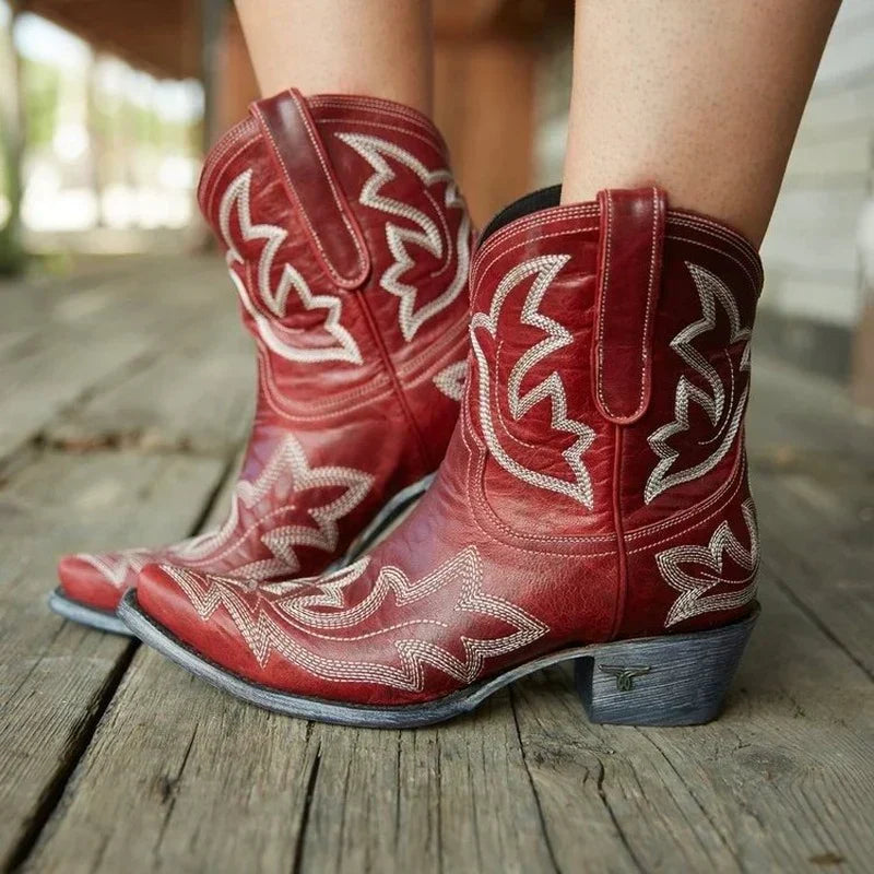 Lederstiefel Damen Cowboystil Bestickt Braun