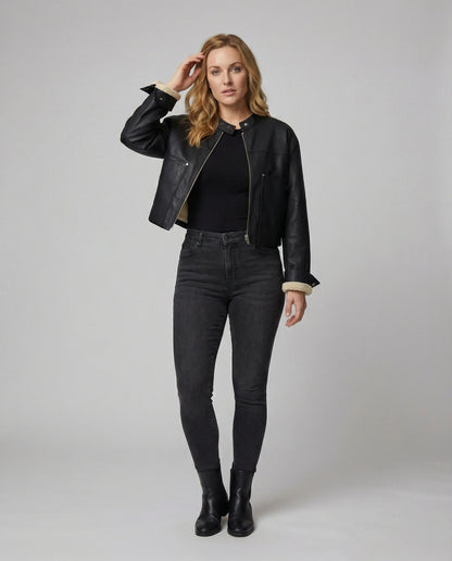Veganer Kunstleder-Blouson Mit Reißverschluss Stehkragen