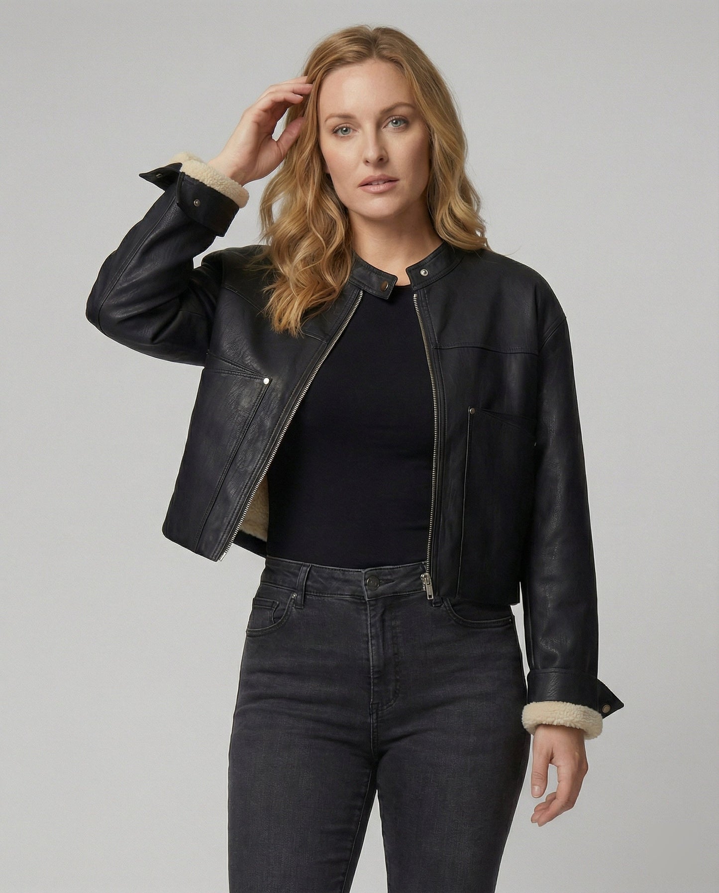 Veganer Kunstleder-Blouson Mit Reißverschluss Stehkragen Schwarz - Norvielle