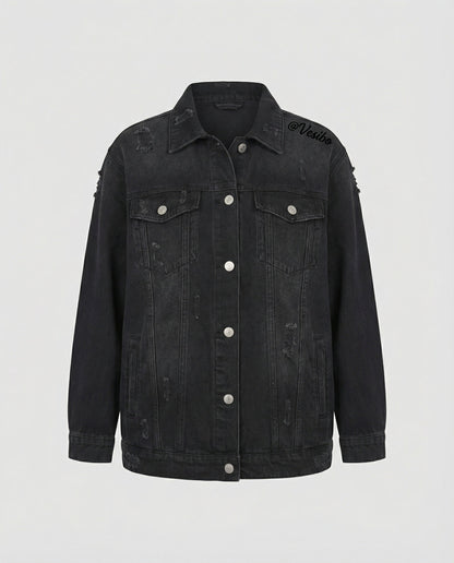 Retro Jeansjacke Fransen Metallknöpfe Blau