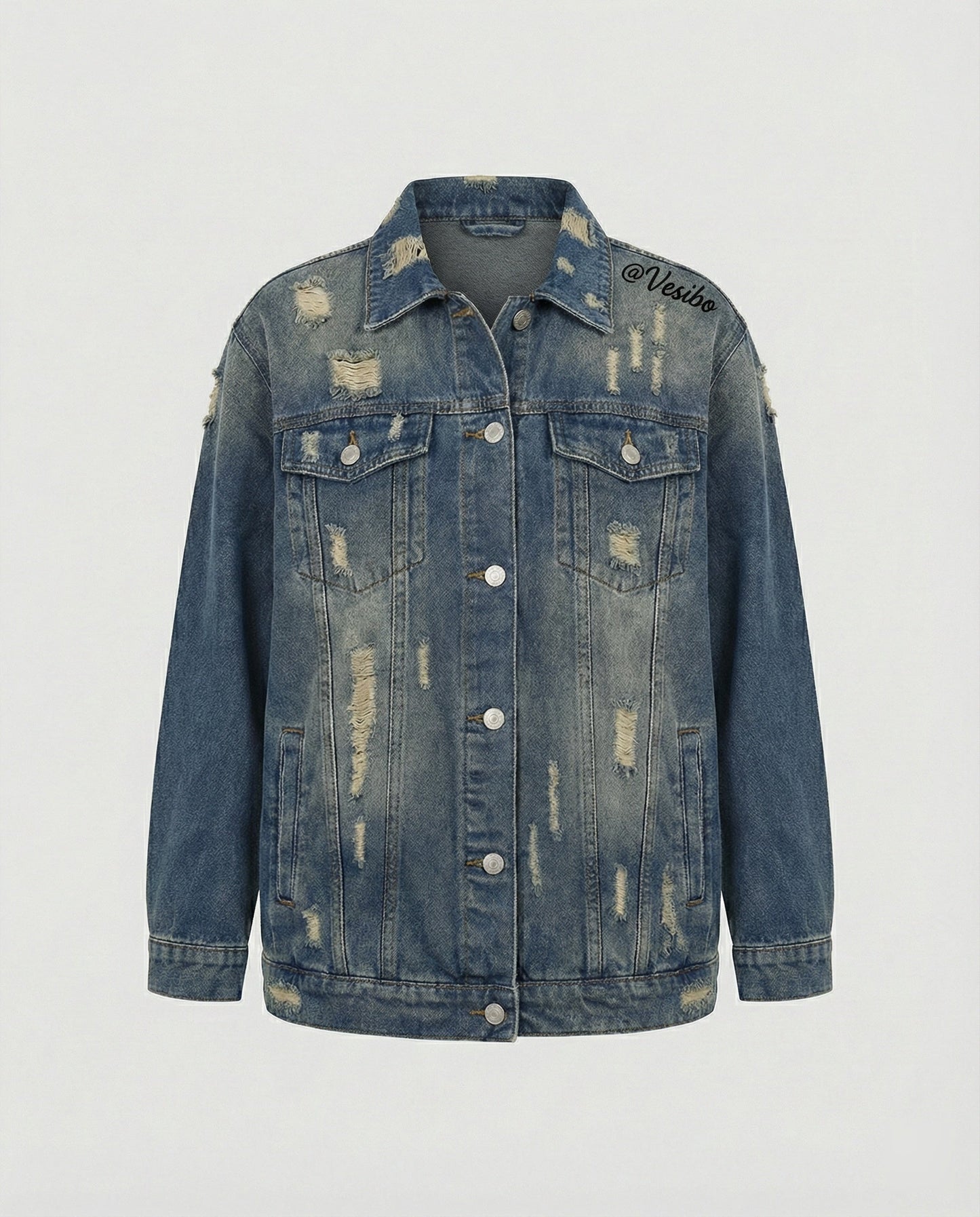Retro Jeansjacke Fransen Metallknöpfe Blau