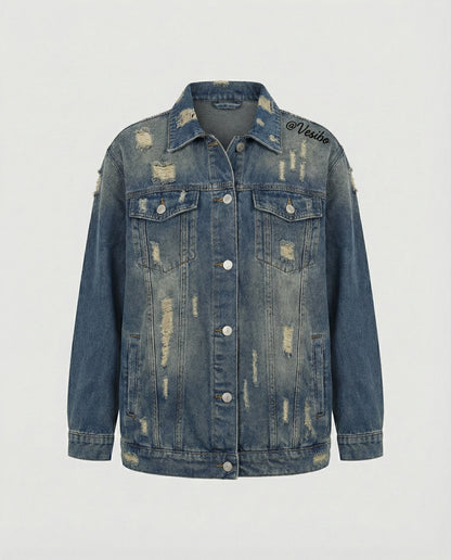 Retro Jeansjacke Fransen Metallknöpfe Blau