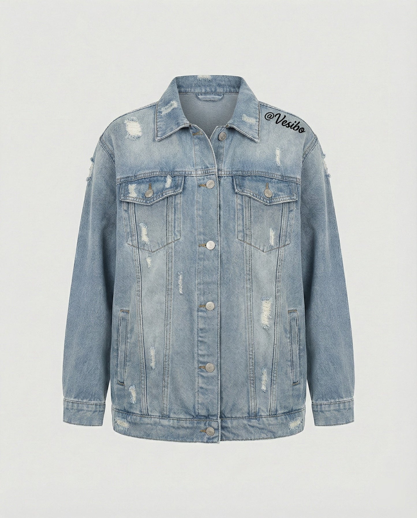 Retro Jeansjacke Fransen Metallknöpfe Blau