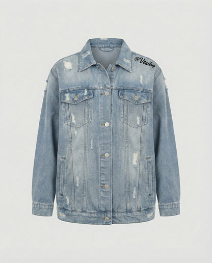 Retro Jeansjacke Fransen Metallknöpfe Blau