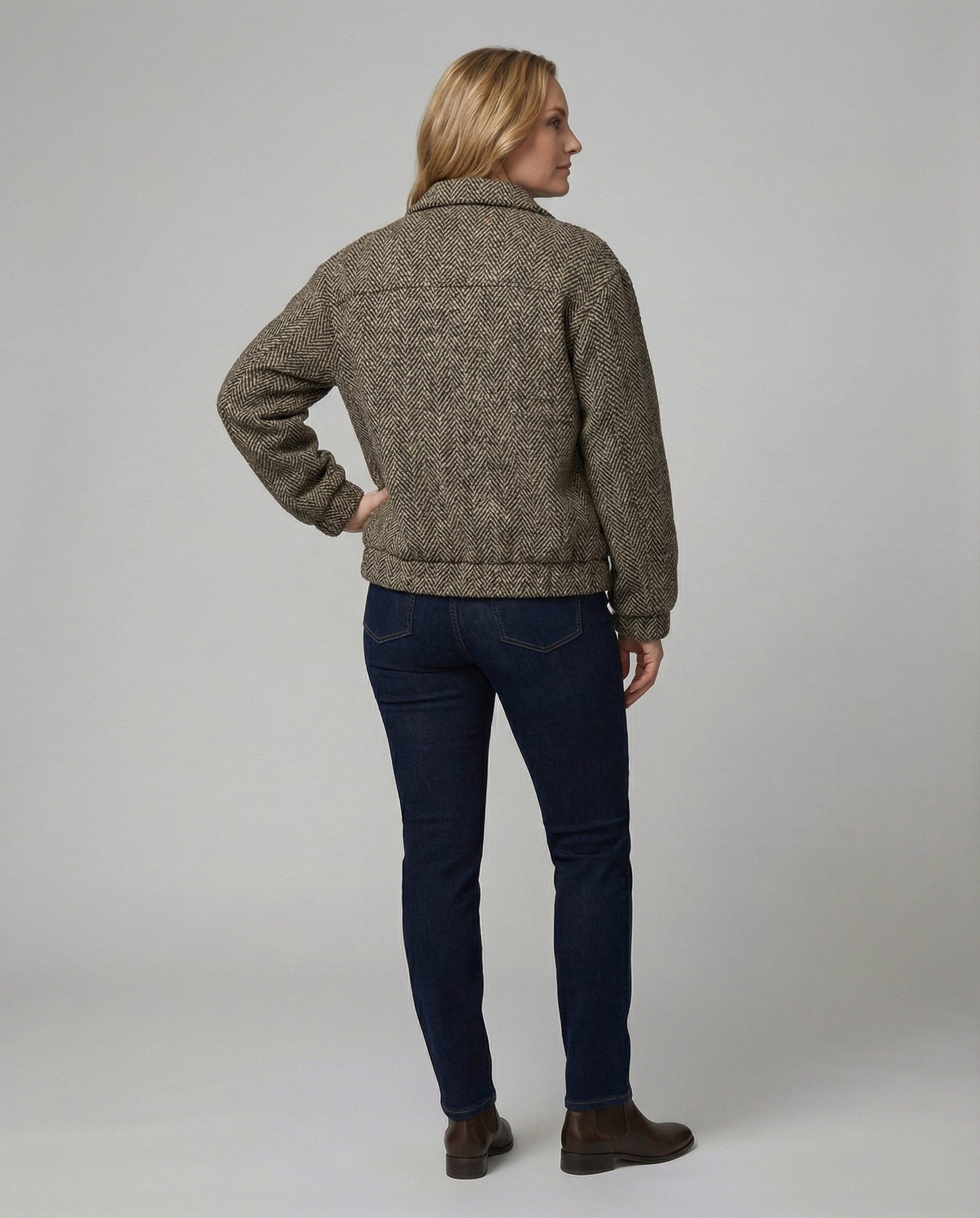 Wollblouson Damen Fischgratmuster Elastisch Reißverschluss
