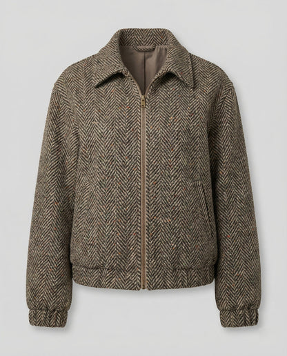 Wollblouson Damen Fischgratmuster Elastisch Reißverschluss