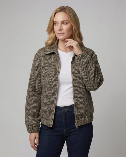 Wollblouson Damen Fischgratmuster Elastisch Reißverschluss