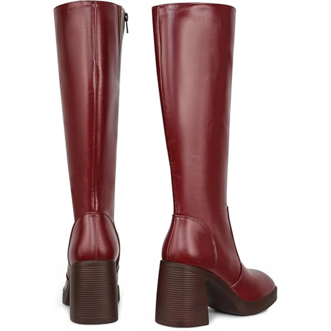 Damen Lederstiefel Plateau Absatz Blockabsatz