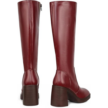 Damen Lederstiefel Plateau Absatz Blockabsatz