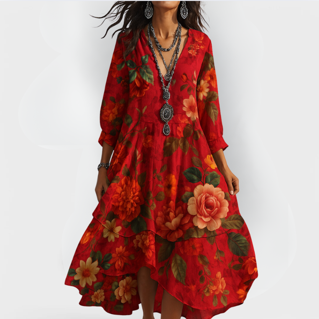 Damen Boho Sommerkleid V-Ausschnitt Vintage Stil