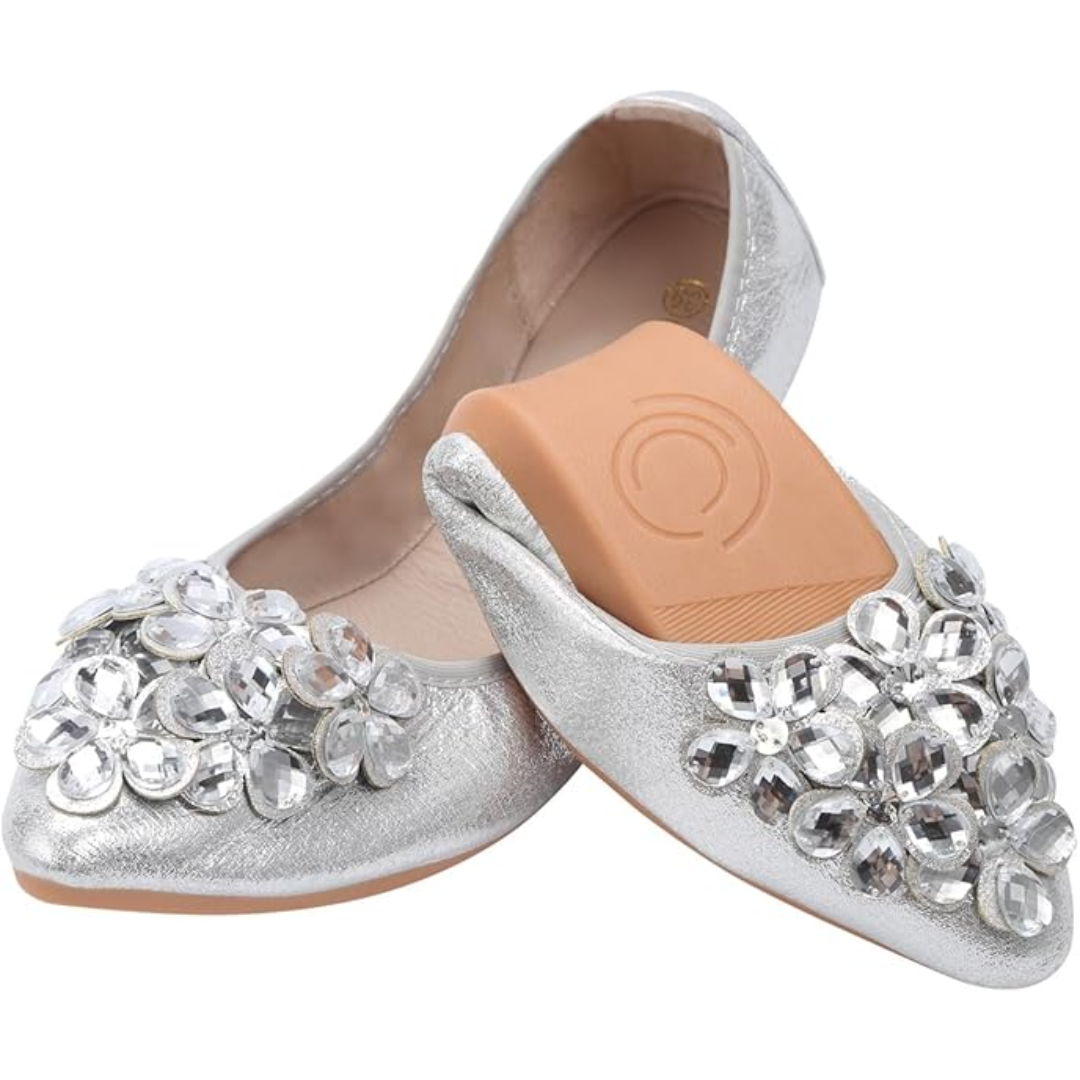Ballerina Schuhe Flach mit Strass Schmuck Glitzernd