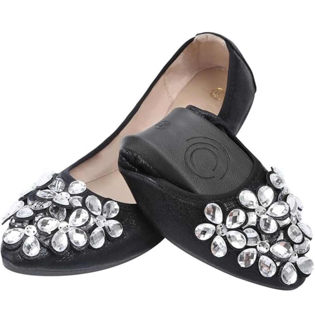 Ballerina Schuhe Flach mit Strass Schmuck Glitzernd