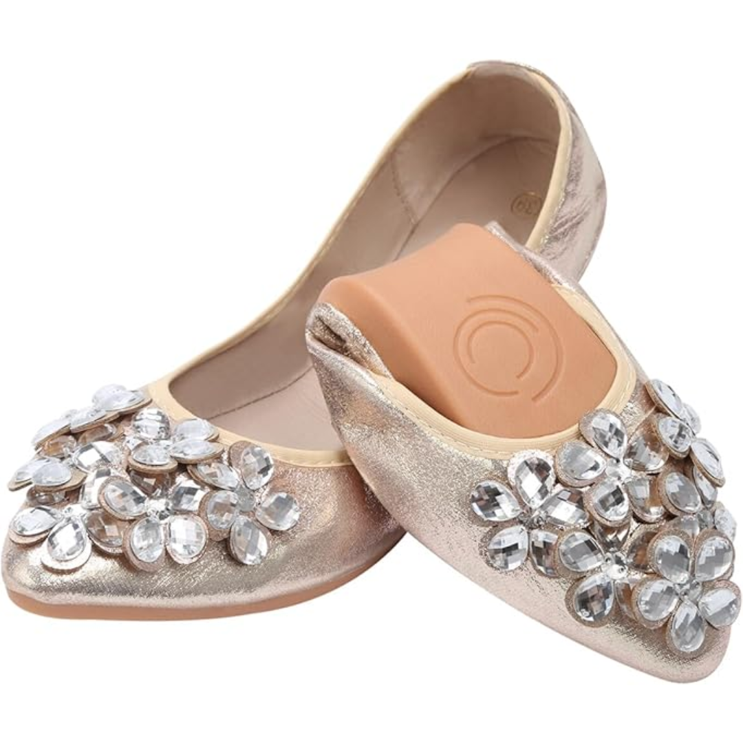 Ballerina Schuhe Flach mit Strass Schmuck Glitzernd