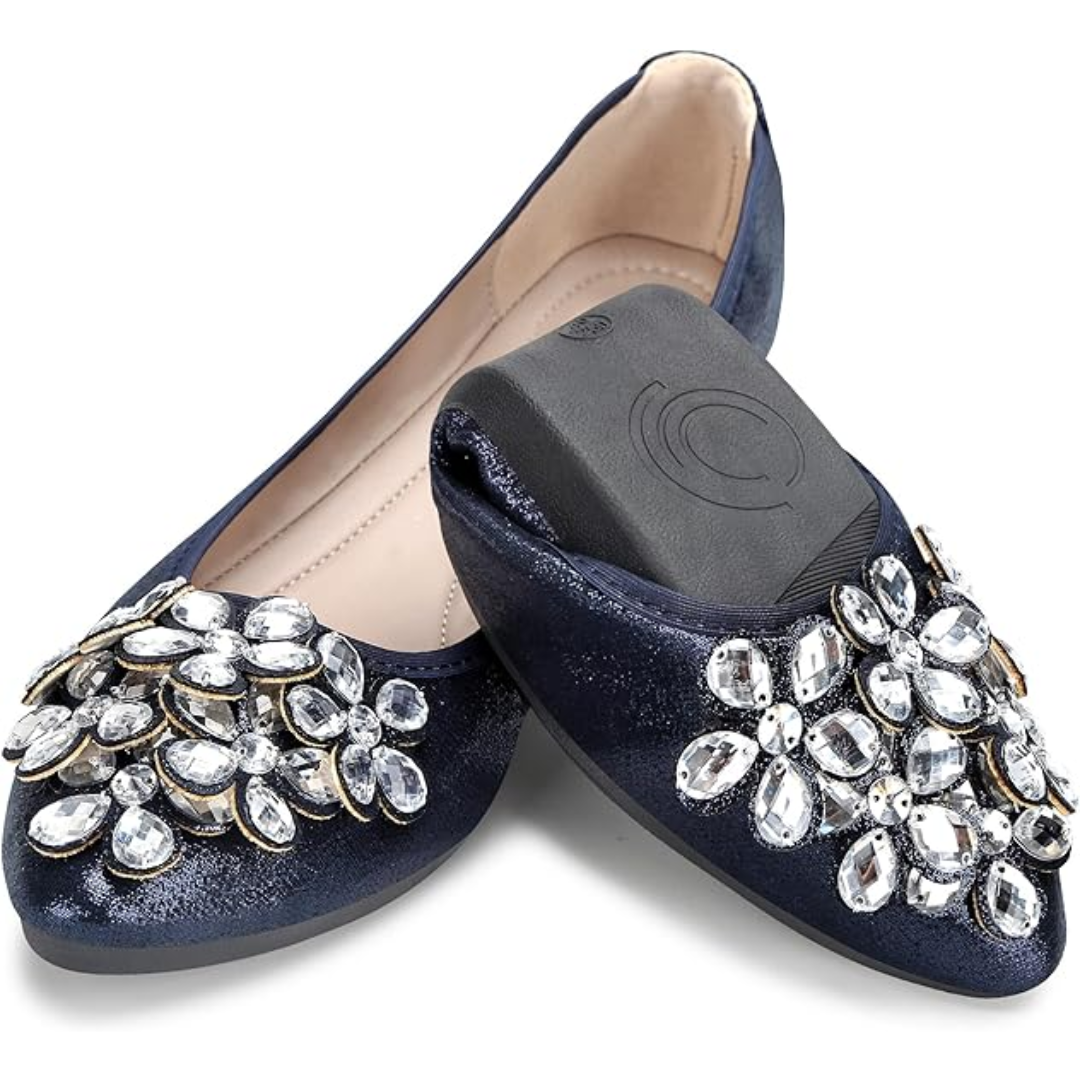 Ballerina Schuhe Flach mit Strass Schmuck Glitzernd