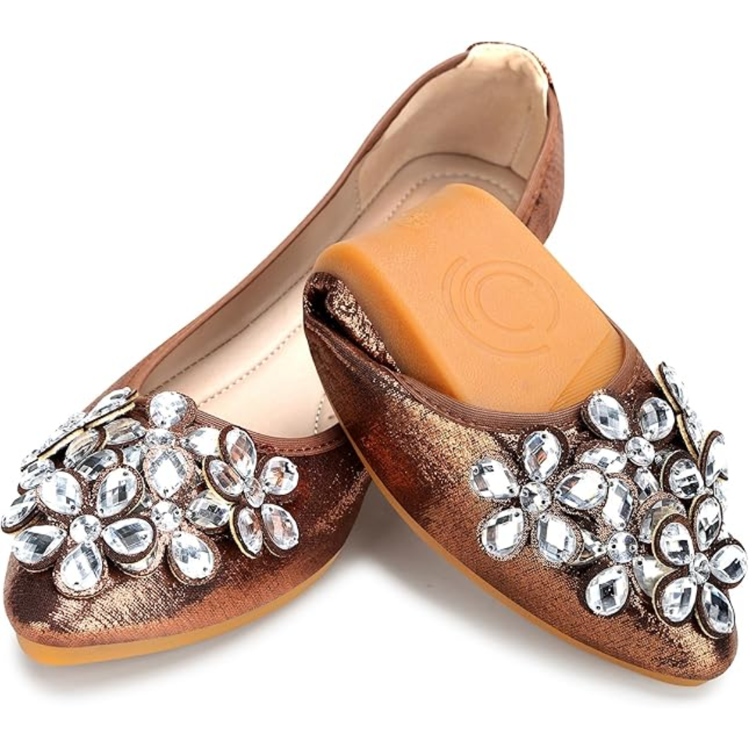 Ballerina Schuhe Flach mit Strass Schmuck Glitzernd
