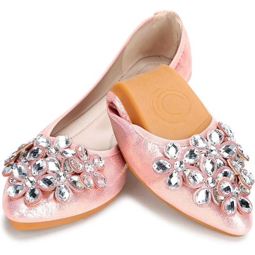 Ballerina Schuhe Flach mit Strass Schmuck Glitzernd