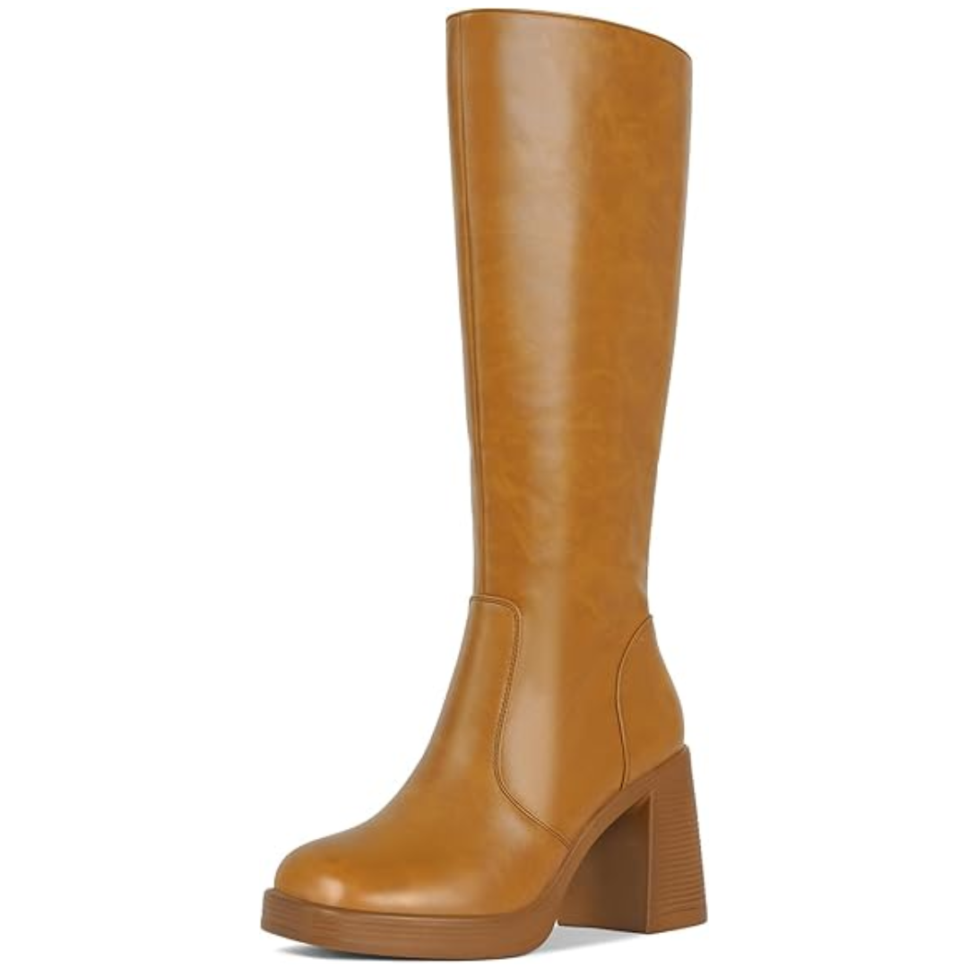 Damen Lederstiefel Plateau Absatz Blockabsatz