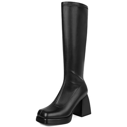 Damen Lederstiefel Plateau Absatz Blockabsatz