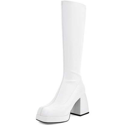 Damen Lederstiefel Plateau Absatz Blockabsatz