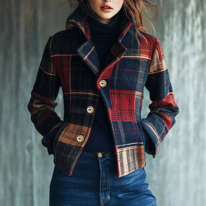 Damen Kurzmantel Wollmischung Karo Modern