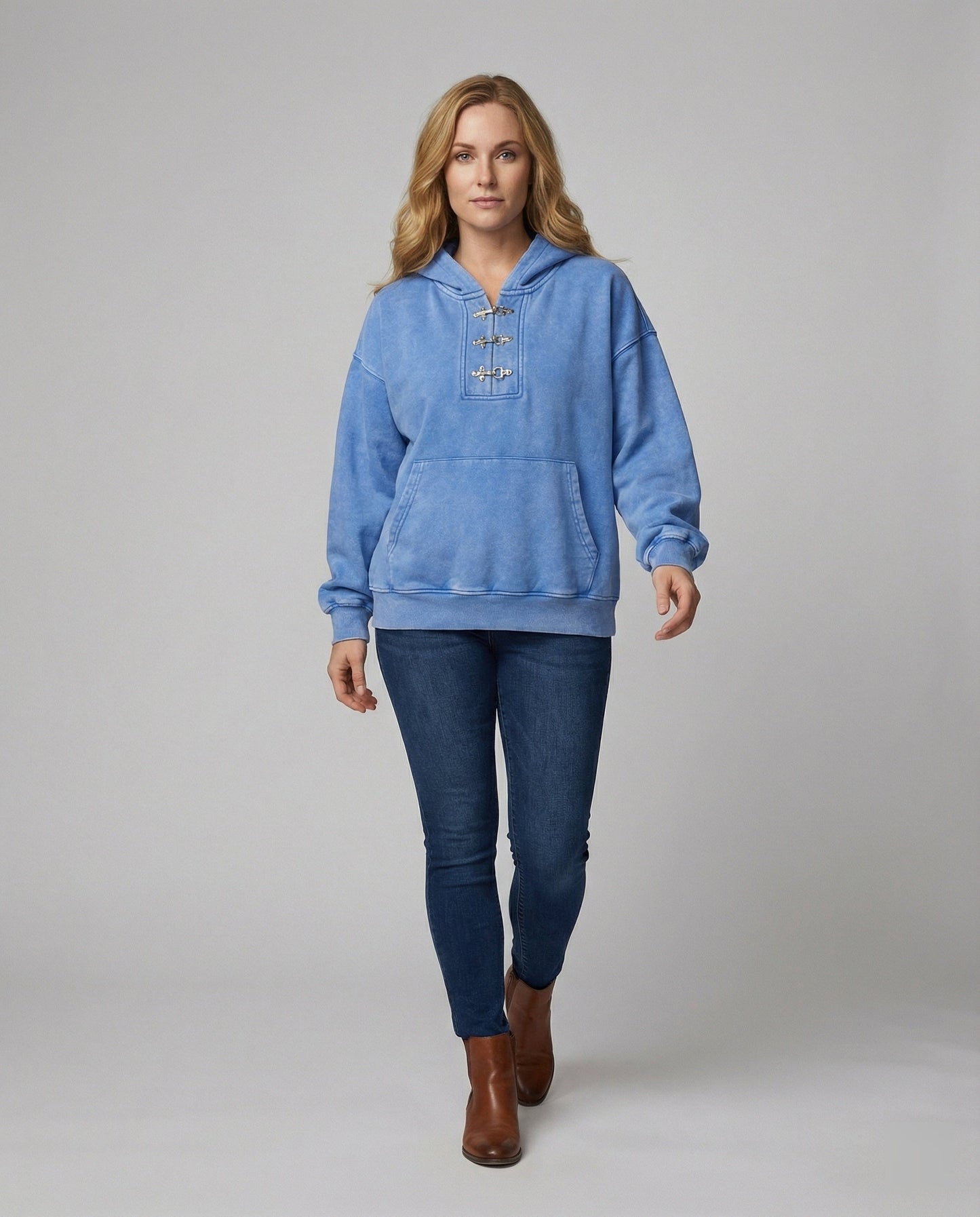 Blau Unisex Hoodie Oversized Kurzgeschnitten Baumwolle