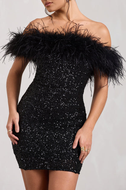 Feder Minikleid Pailletten Off-Shoulder Partykleid