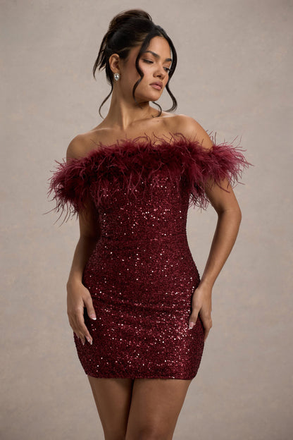 Feder Minikleid Pailletten Off-Shoulder Partykleid