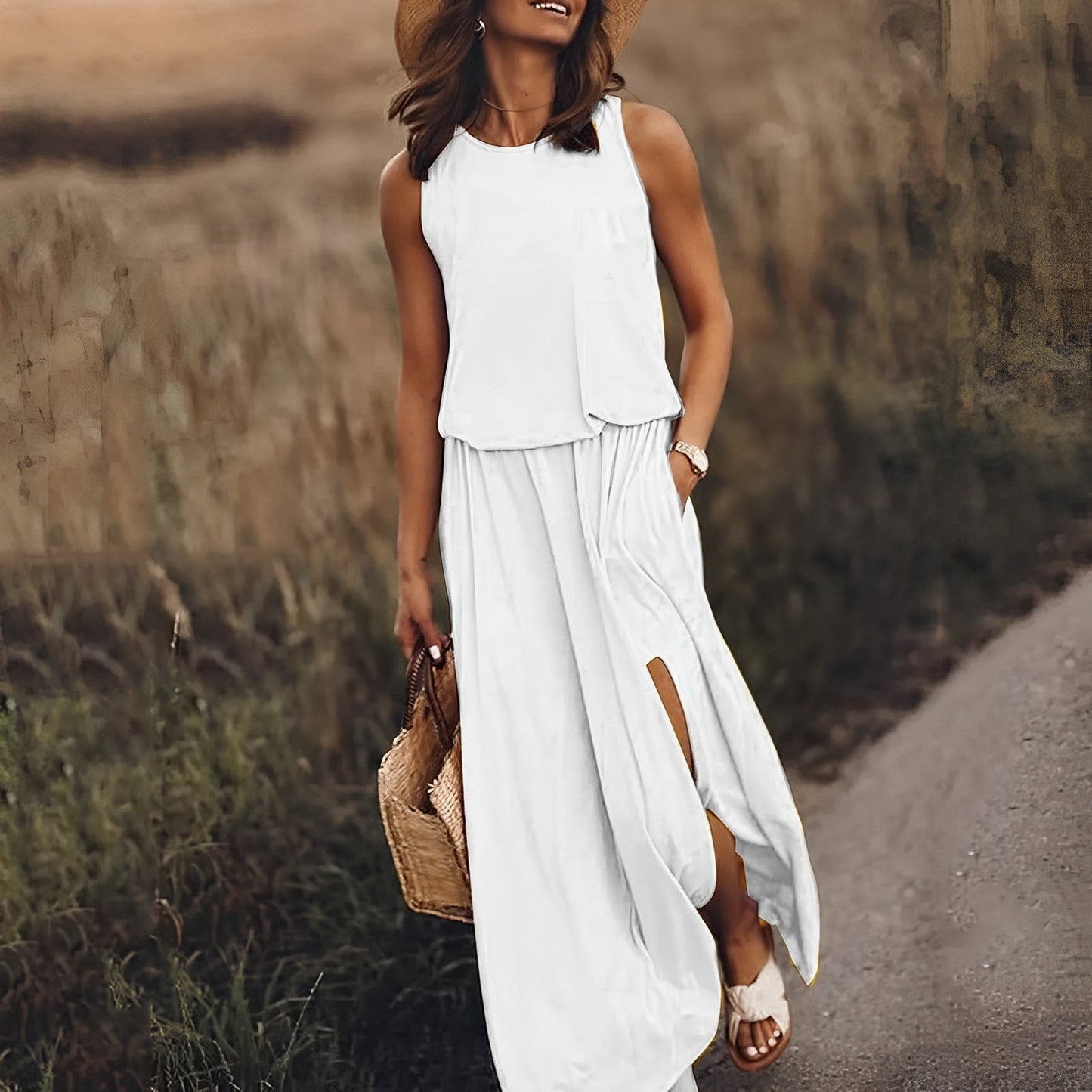 Damenkleid mit Schlitzaufschlag und Doppeltaschen