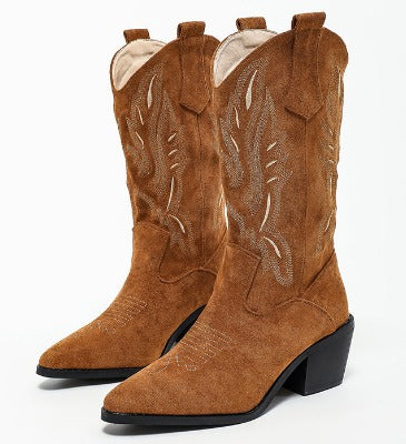 Damen Westernstiefel Blockabsatz Stickerei Braun - Norvielle
