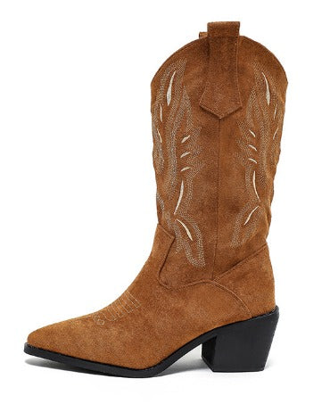 Damen Westernstiefel Blockabsatz Stickerei Braun