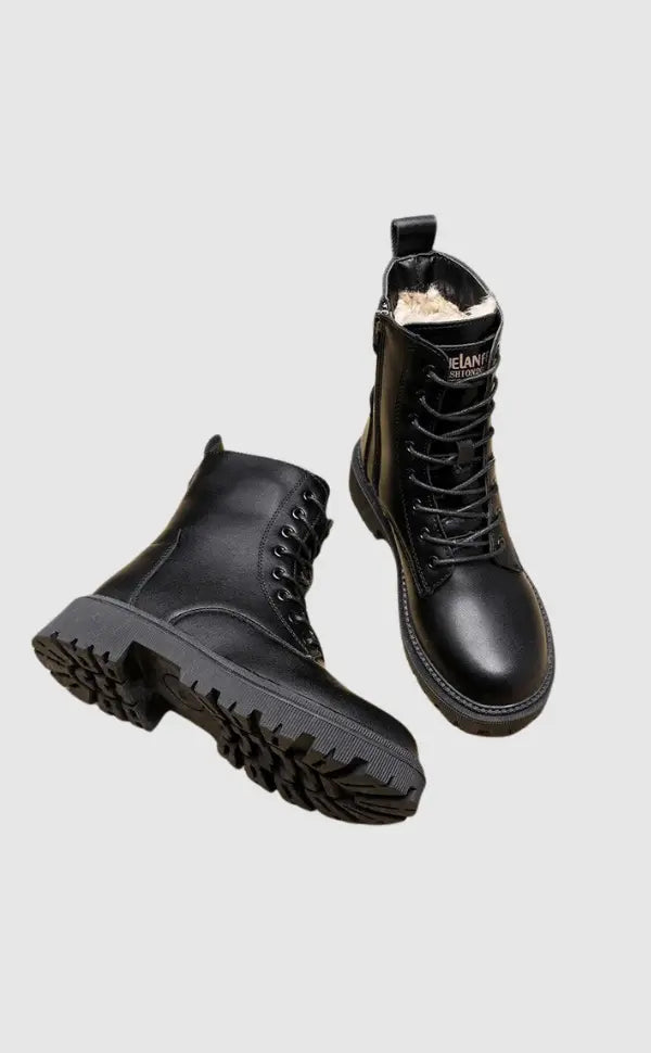 Schwarze Damen Lederstiefel Schnürboots Gefüttert Profilsohle - Norvielle