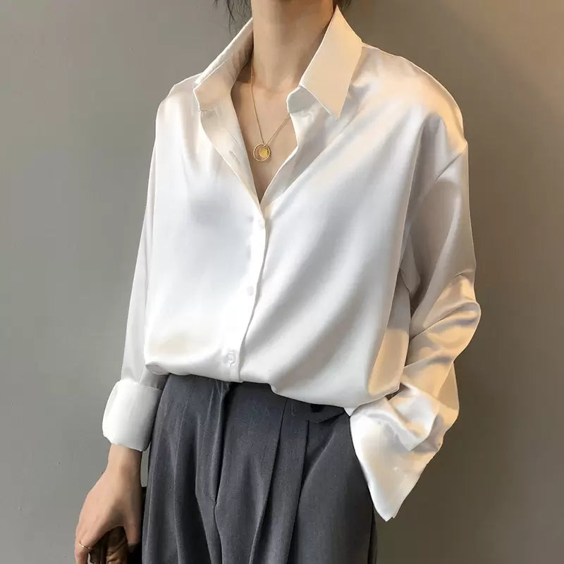 Damen Seidenbluse Elegante Knöpfe Weiß - Norvielle