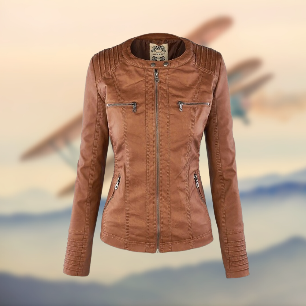 Damen Lederjacke Slim Fit Reißverschluss Schwarz - Norvielle