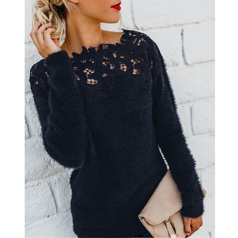 Damen Winterpullover Blumenmuster Spitzenkragen Warm