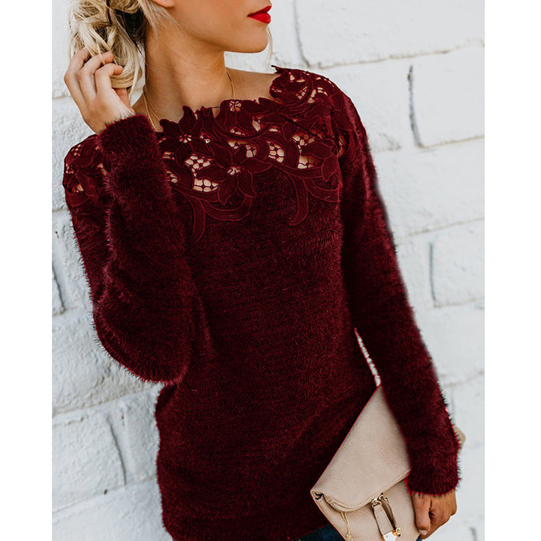Damen Winterpullover Blumenmuster Spitzenkragen Warm