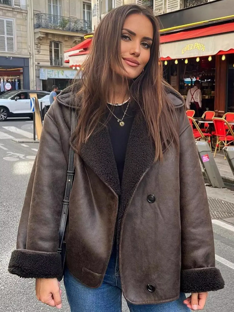 Damen Lederjacke Warm Geschnitten Locker Schwarz - Norvielle